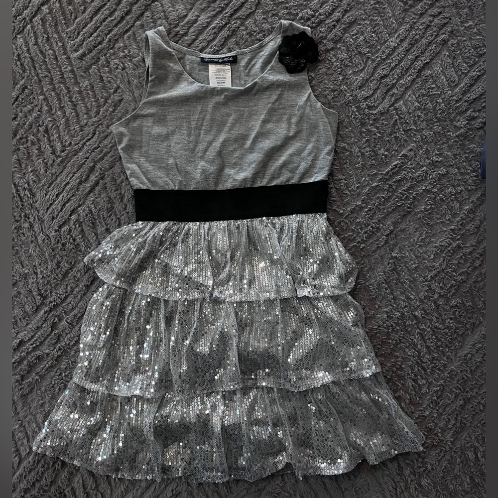 Girls Gray and Black Sleeveless Dress with Sequin Skirt